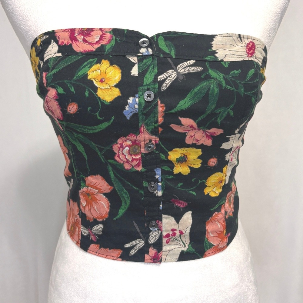 Hollister Tube Top Womens S Black Floral Button Front Smocked Crop CottageY2K
